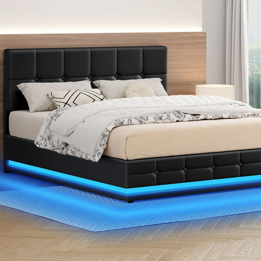 ALFORDSON Bed Frame Double Size Platform RGB LED Gas Lift Base Storage Black