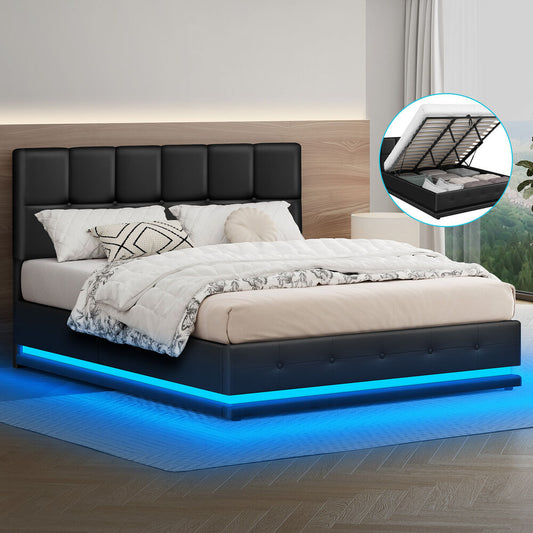 ALFORDSON Bed Frame King Size Platform RGB LED Gas Lift Base Storage Black