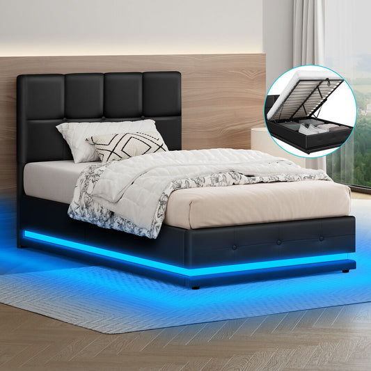 ALFORDSON Bed Frame King Single Platform RGB LED Gas Lift Base Storage Black