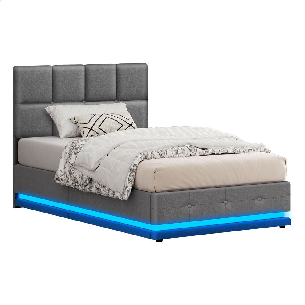 ALFORDSON Bed Frame King Single Platform RGB LED Gas Lift Base Storage Grey