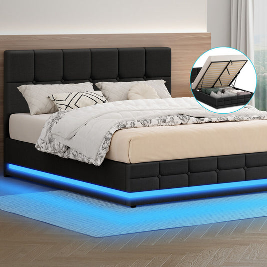 ALFORDSON Bed Frame Queen Size Platform RGB LED Gas Lift Base Storage Charcoal