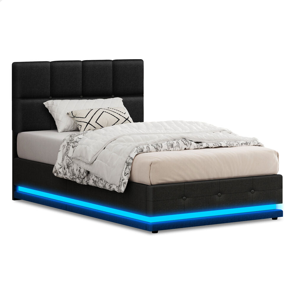 ALFORDSON Bed Frame Single Size Platform RGB LED Gas Lift Base Storage Charcoal