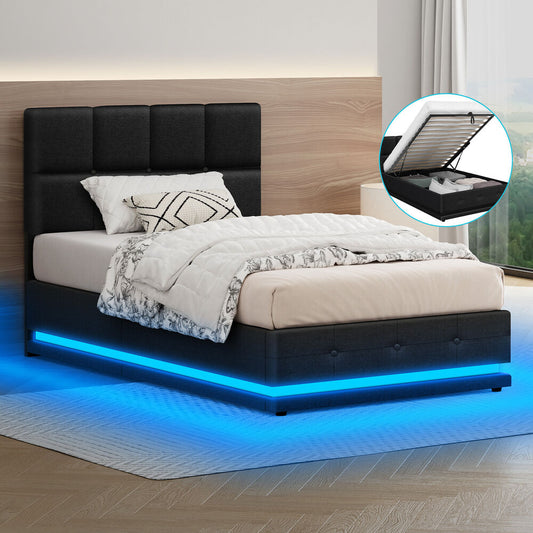 ALFORDSON Bed Frame Single Size Platform RGB LED Gas Lift Base Storage Charcoal