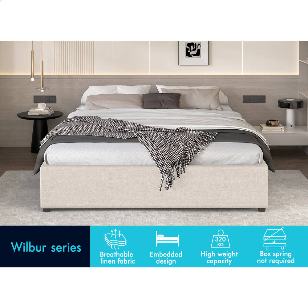 ALFORDSON Bed Frame Queen Size Gas Lift Storage Mattress Base Beige WILBUR