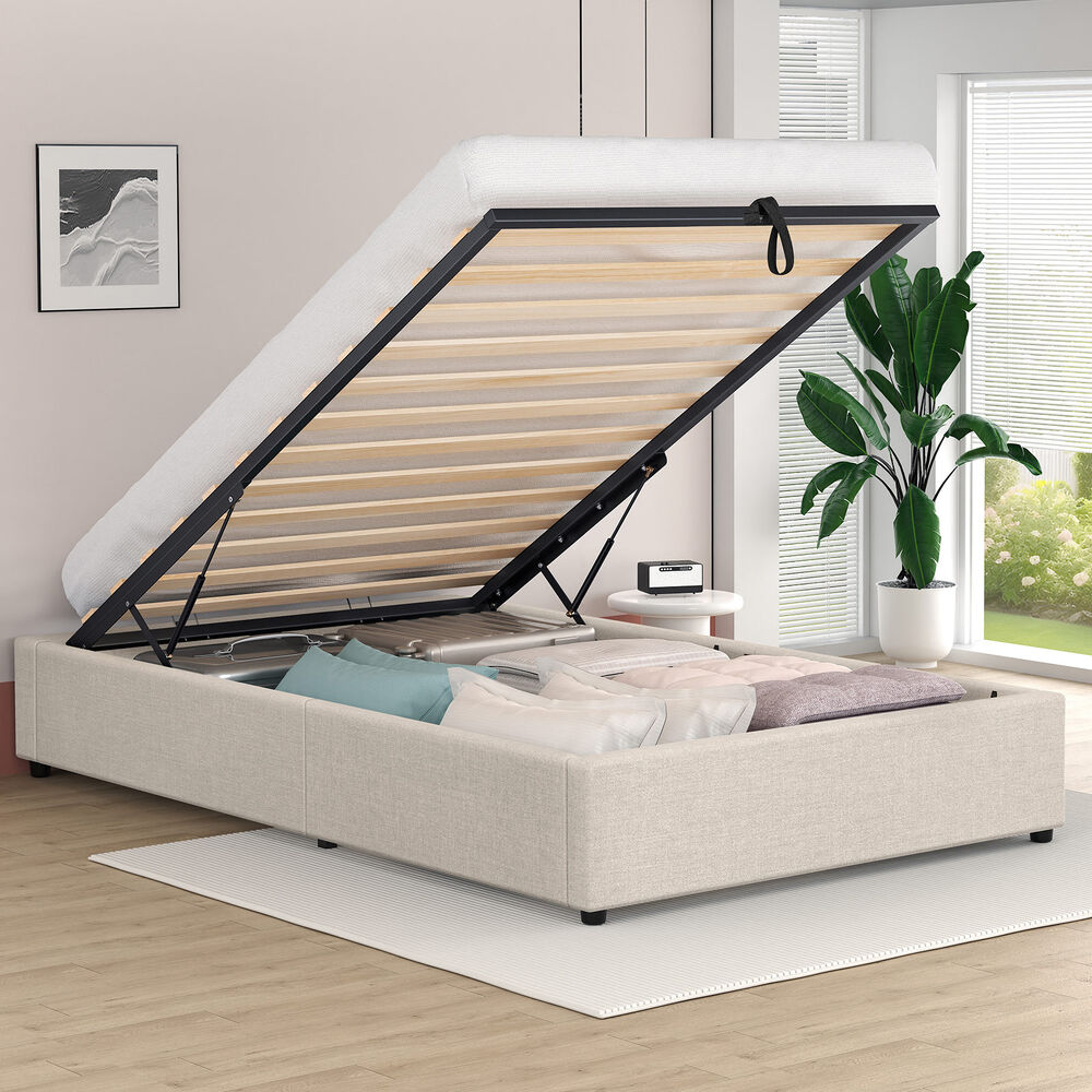 ALFORDSON Bed Frame Single Size Gas Lift Storage Mattress Base Beige WILBUR