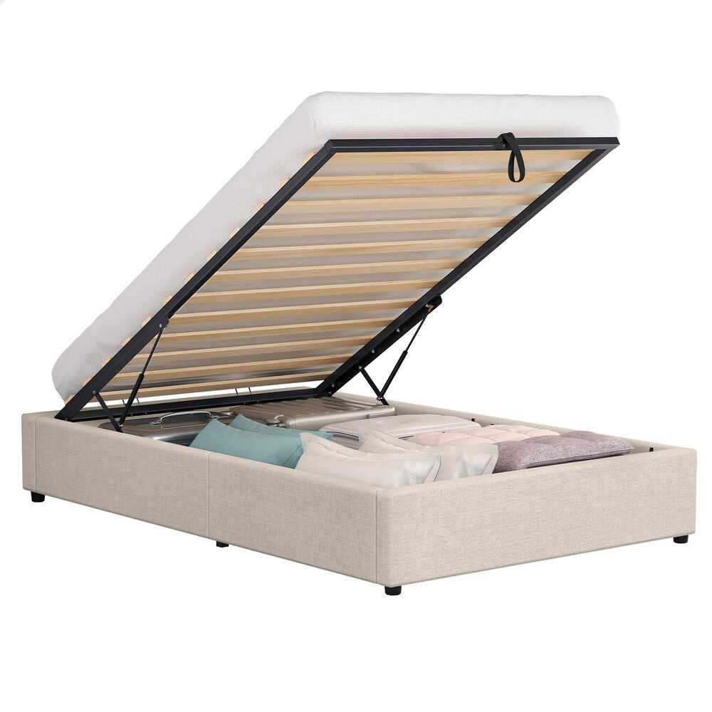 ALFORDSON Bed Frame Single Size Gas Lift Storage Mattress Base Beige WILBUR