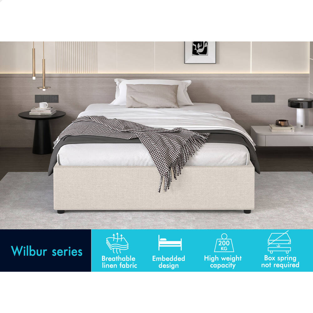 ALFORDSON Bed Frame Single Size Gas Lift Storage Mattress Base Beige WILBUR