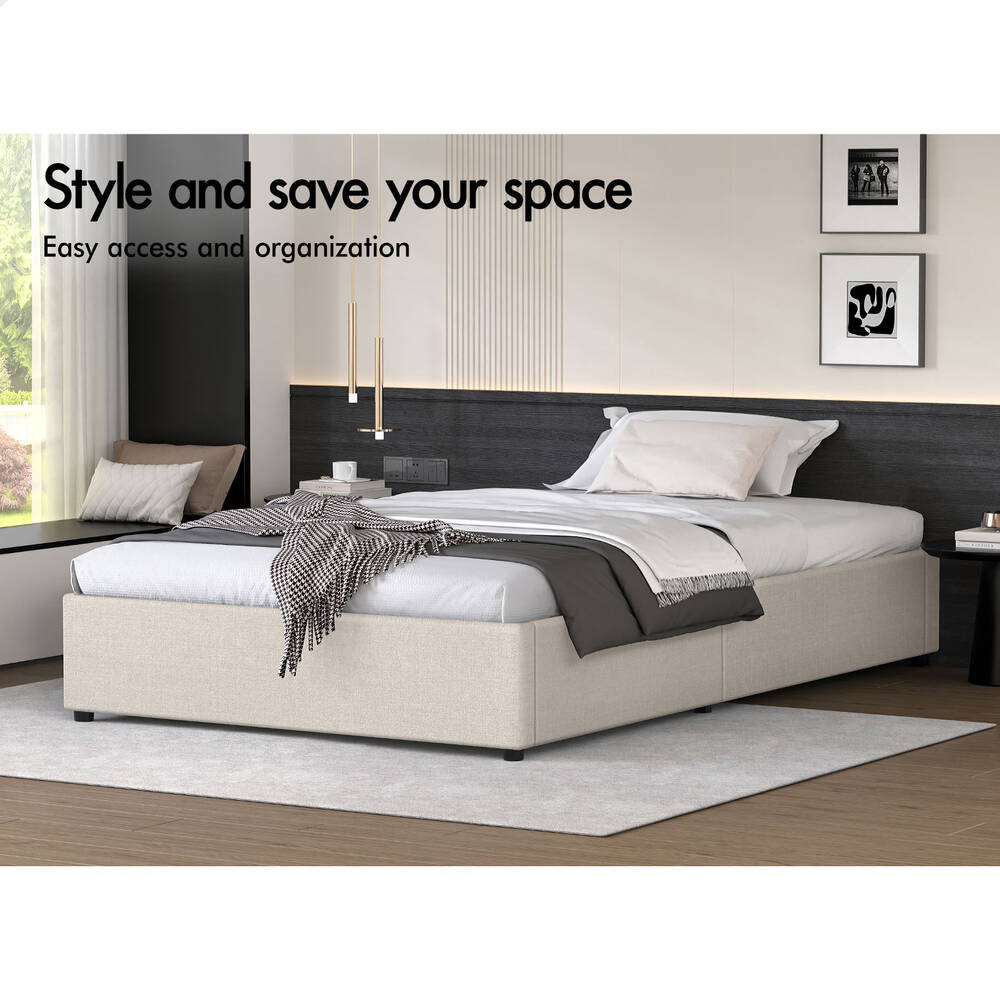 ALFORDSON Bed Frame Single Size Gas Lift Storage Mattress Base Beige WILBUR