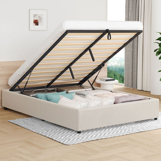 ALFORDSON Bed Frame Queen Size Gas Lift Storage Mattress Base Beige BARLOW