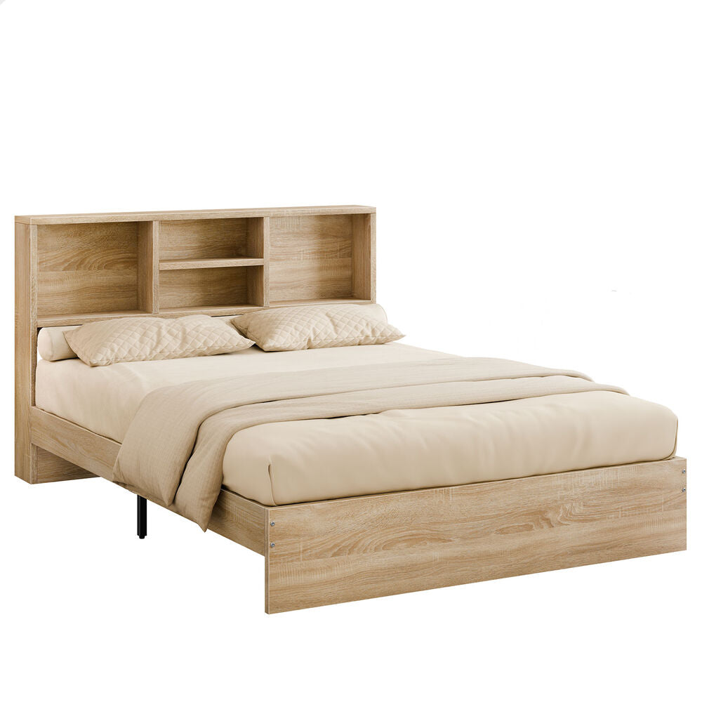 ALFORDSON Wooden Bed Frame Double Size Base with Bookshelf Storage Headboard Oak