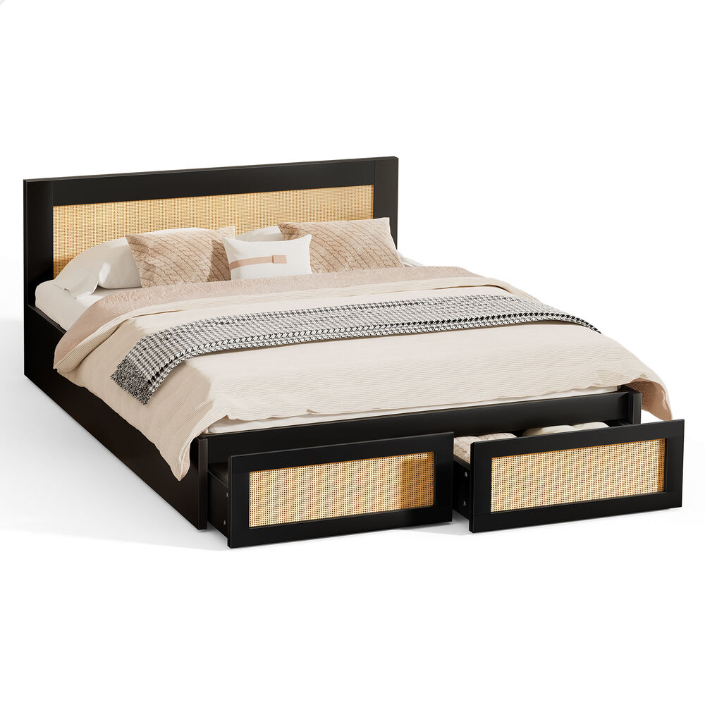 ALFORDSON Wooden Bed Frame Double Size Rattan Bed Base with Storage Drawer Black