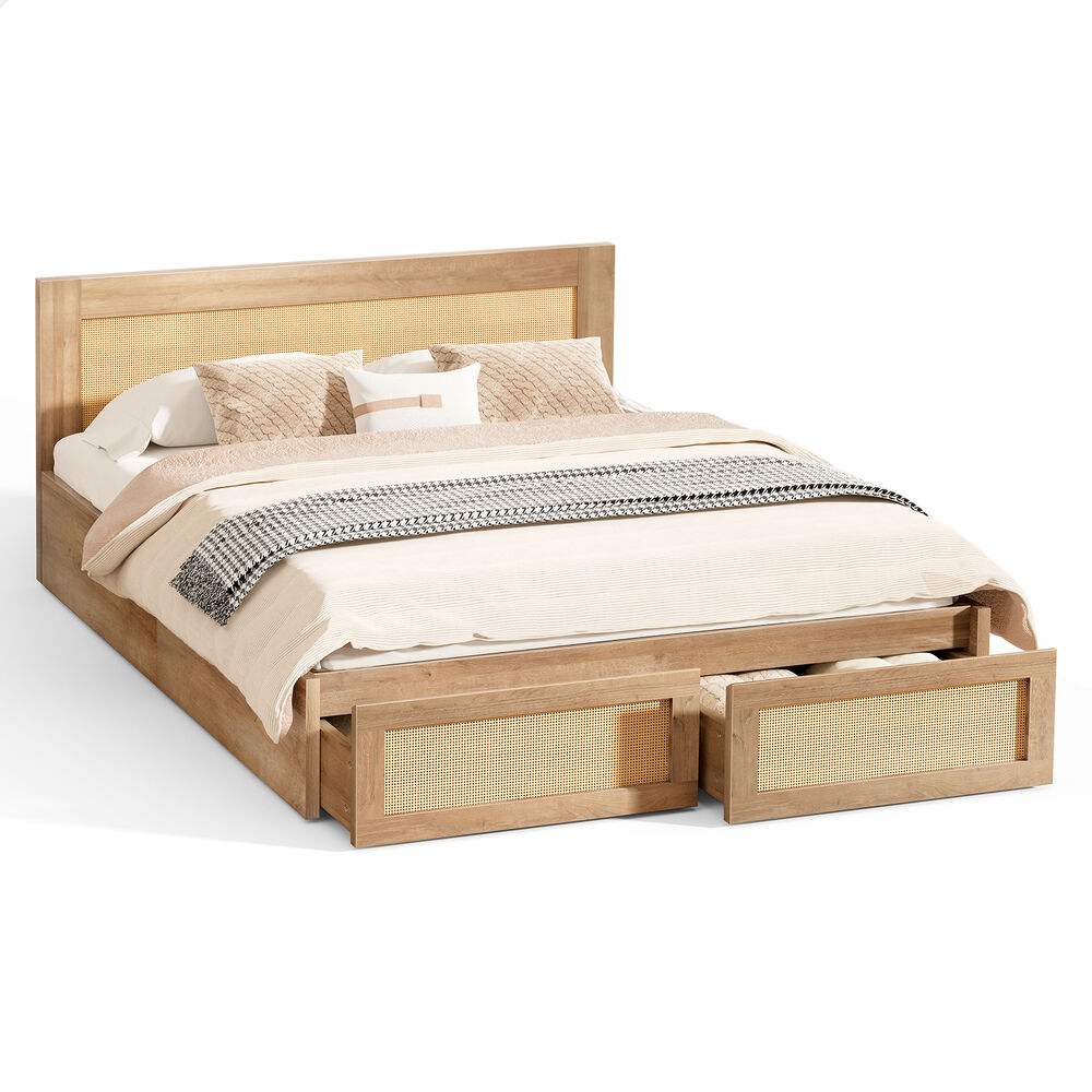 ALFORDSON Wooden Bed Frame Double Size Rattan Bed Base with Storage Drawers Oak