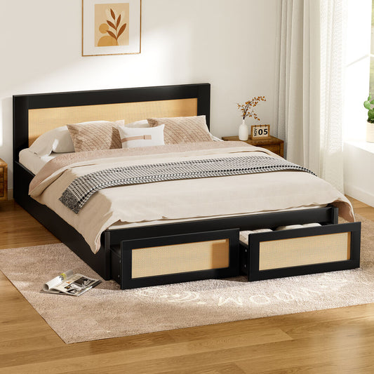 ALFORDSON Wooden Bed Frame Queen Size Rattan Bed Base with Storage Drawers Black