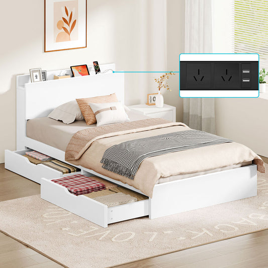 ALFORDSON Wooden Bed Frame King Single with Charging Station & 2 Drawers White