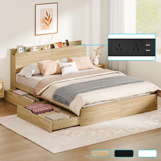 ALFORDSON Wooden Bed Frame Queen Size with Charging Station & 2 Storage Drawers