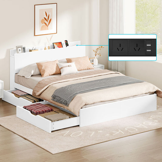 ALFORDSON Wooden Bed Frame Queen Size with Charging Station & 2 Drawers White