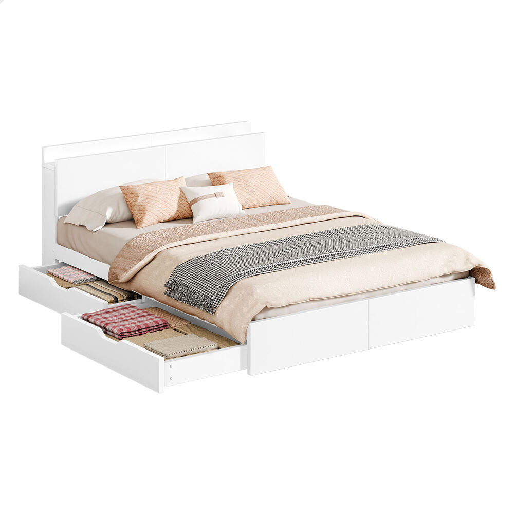 ALFORDSON Wooden Bed Frame Queen Size with Charging Station & 2 Drawers White