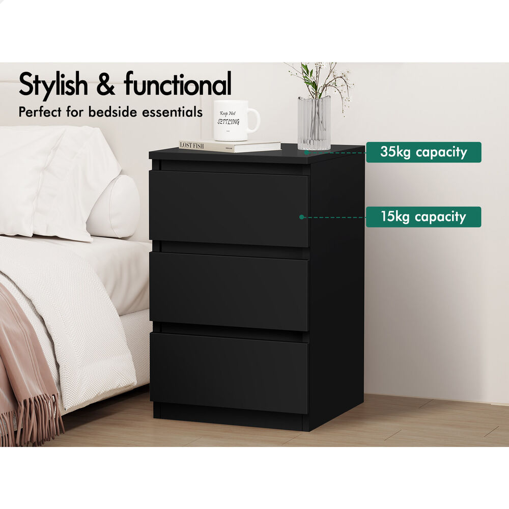 ALFORDSON 2x Bedside Table Nightstand 3 Drawers Side End Table Black