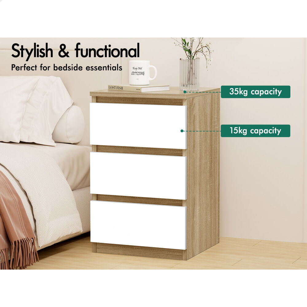 ALFORDSON 2x Bedside Table Nightstand 3 Drawers Side End Table Wood and White