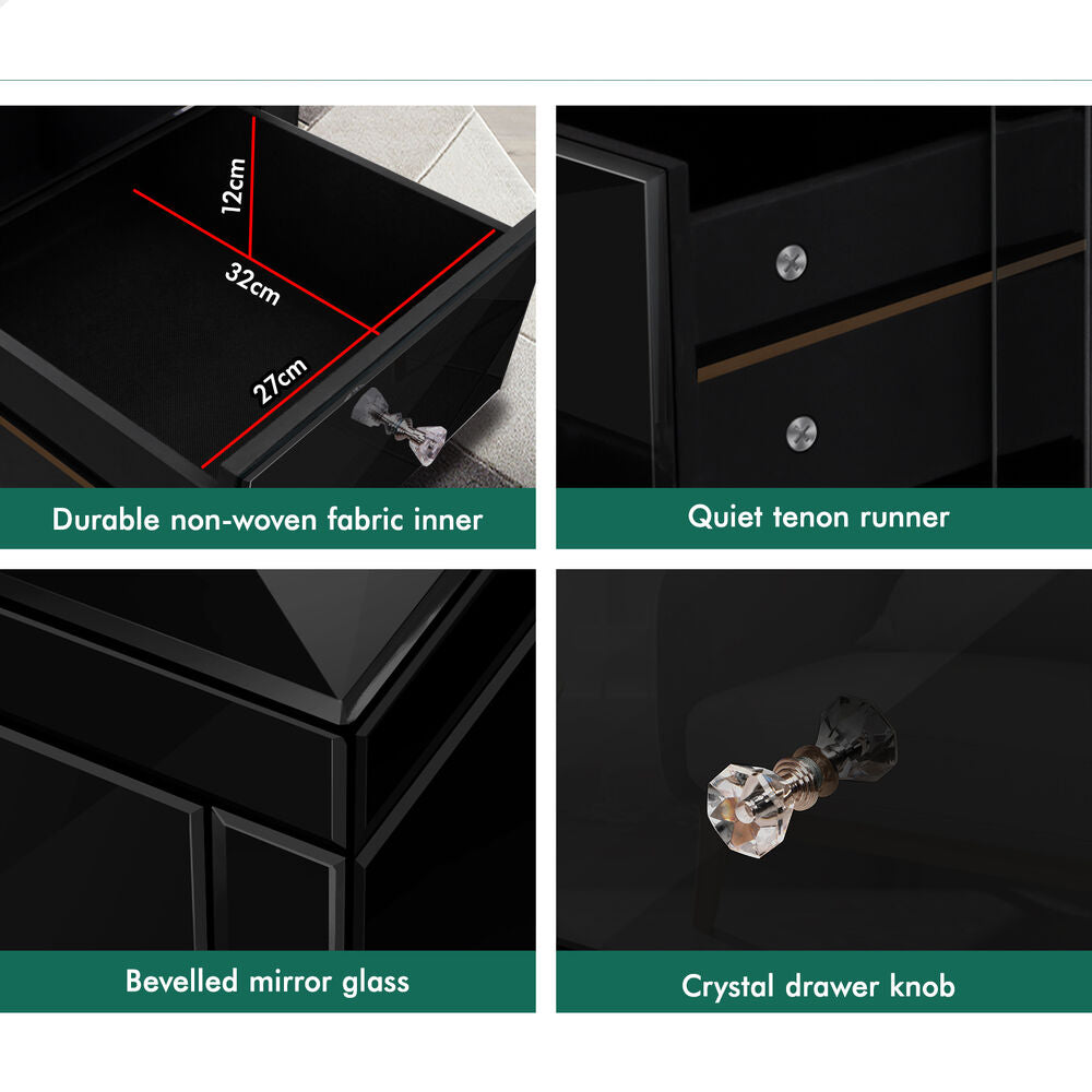 ALFORDSON Mirrored Bedside Table Nightstand Cabinet Black