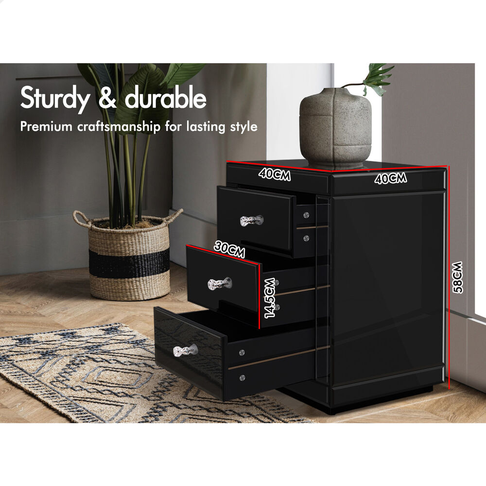 ALFORDSON Mirrored Bedside Table Nightstand Cabinet Black