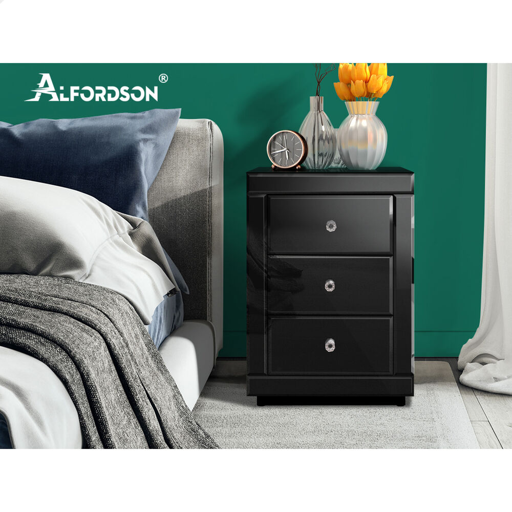 ALFORDSON Mirrored Bedside Table Nightstand Cabinet Black