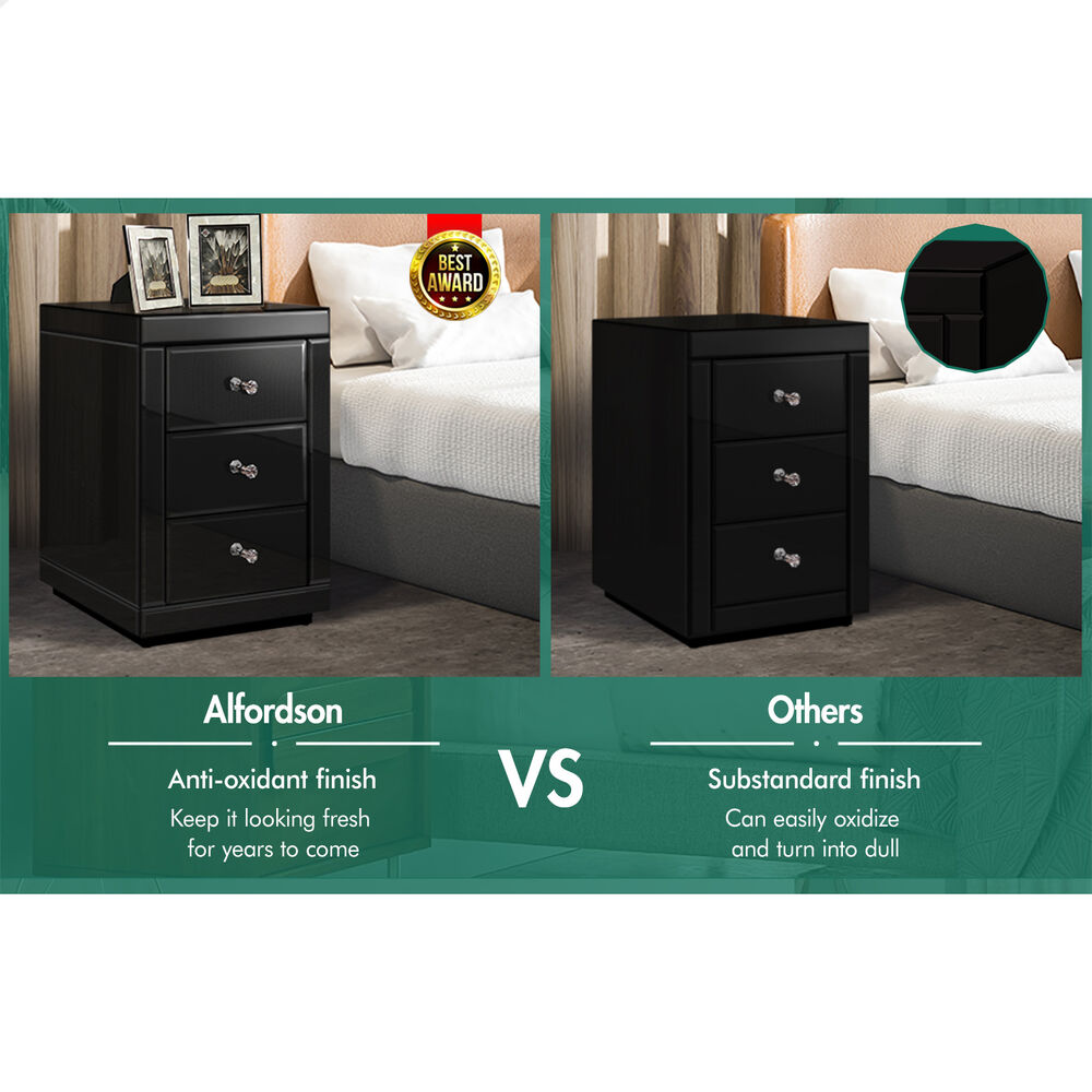 ALFORDSON Mirrored Bedside Table Nightstand Cabinet Black