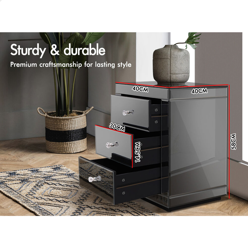 ALFORDSON Mirrored Bedside Table 3 Drawers Nightstand Grey