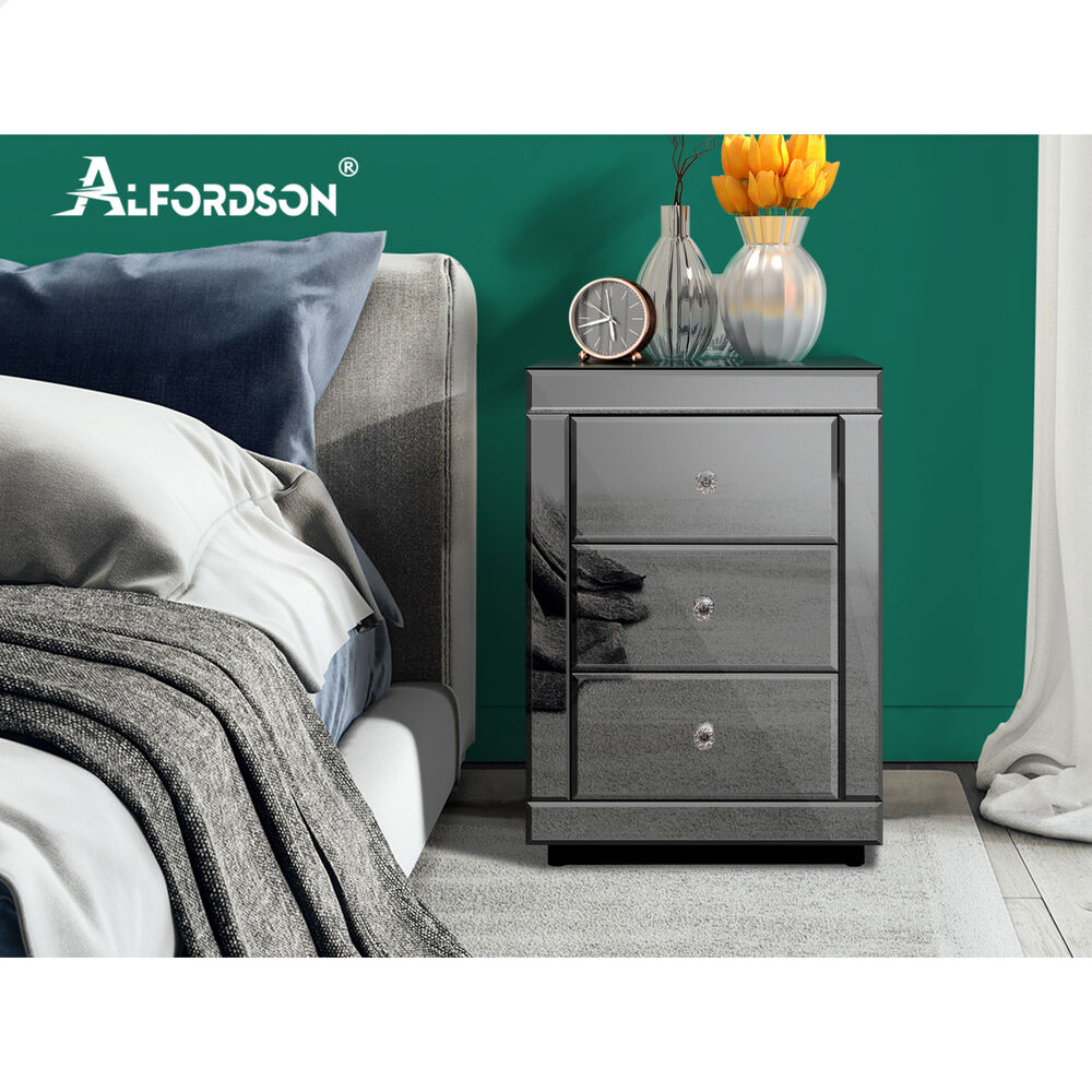 ALFORDSON Mirrored Bedside Table 3 Drawers Nightstand Grey
