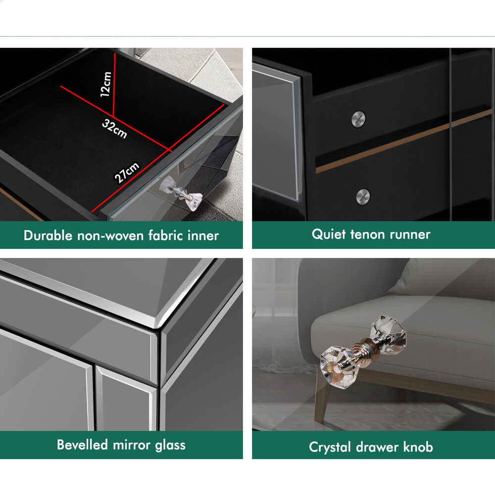 ALFORDSON Mirrored Bedside Table 3 Drawers Nightstand Grey
