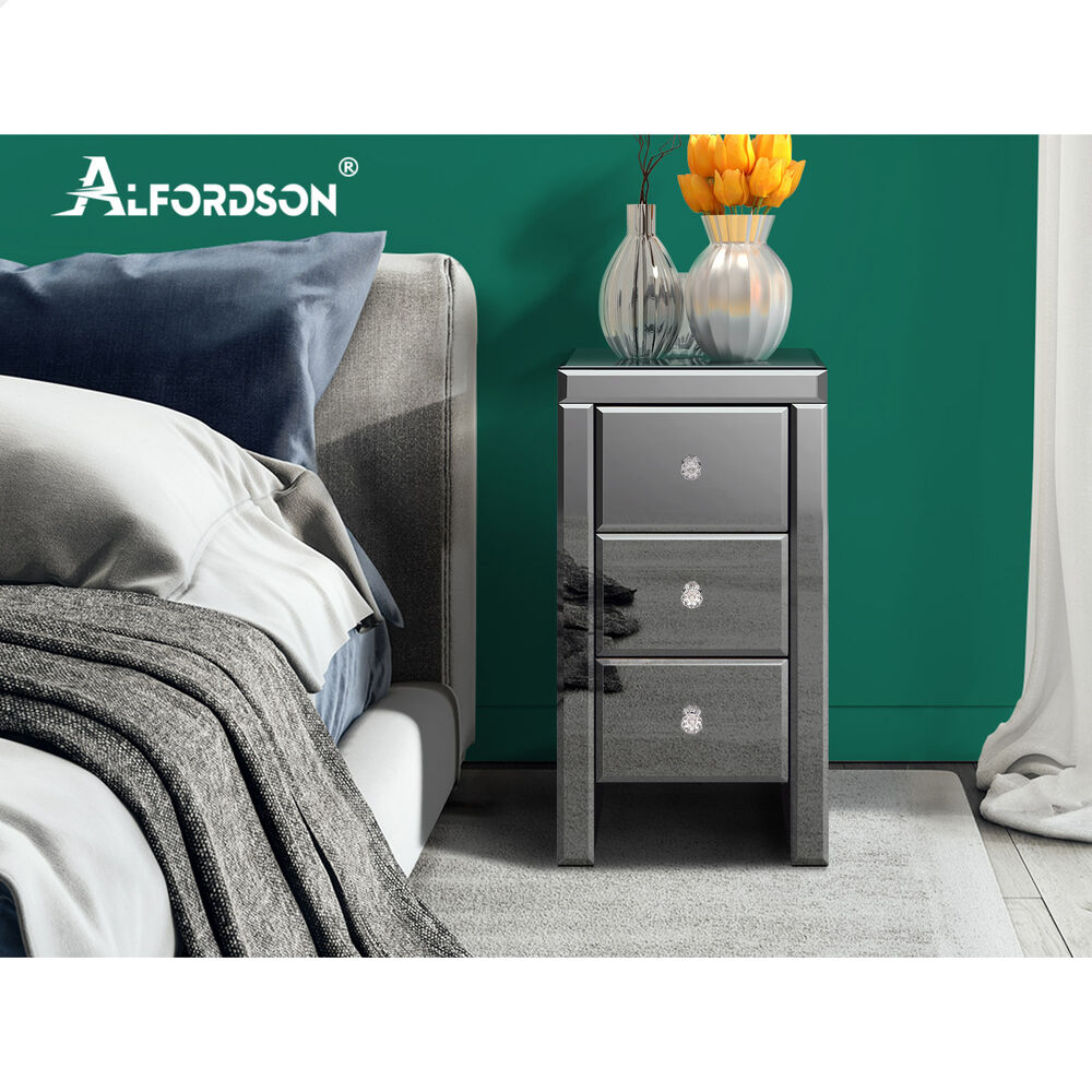 ALFORDSON Mirrored Bedside Table 3 Drawers Grey