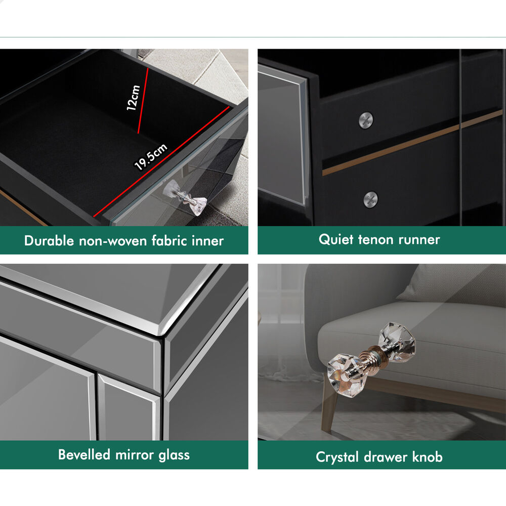 ALFORDSON Mirrored Bedside Table 3 Drawers Grey