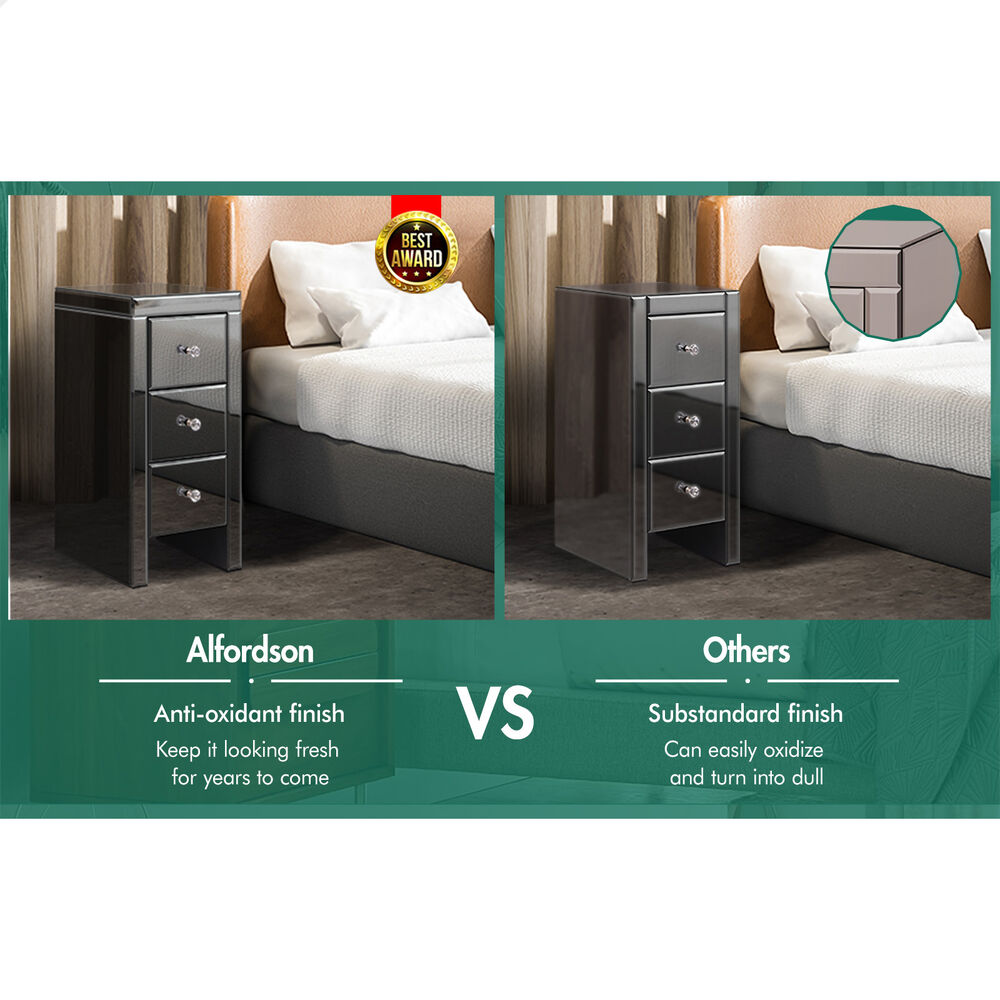 ALFORDSON Mirrored Bedside Table 3 Drawers Grey