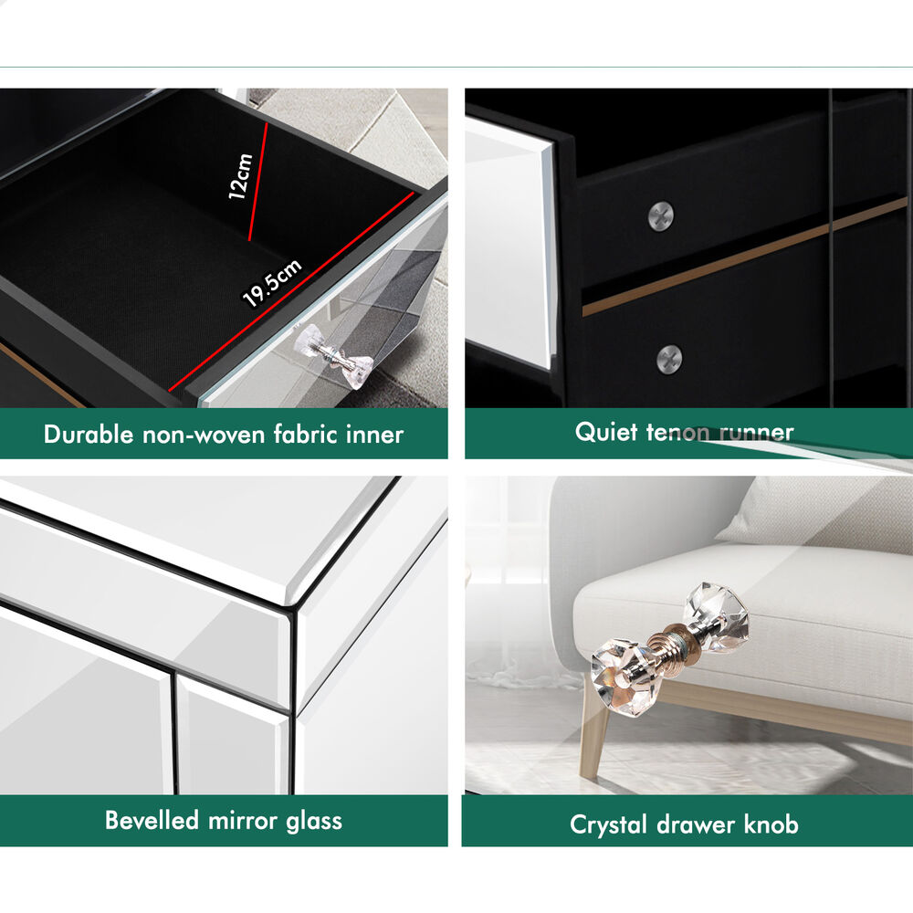 ALFORDSON Mirrored Bedside Table Cabinet Nightstand Silver