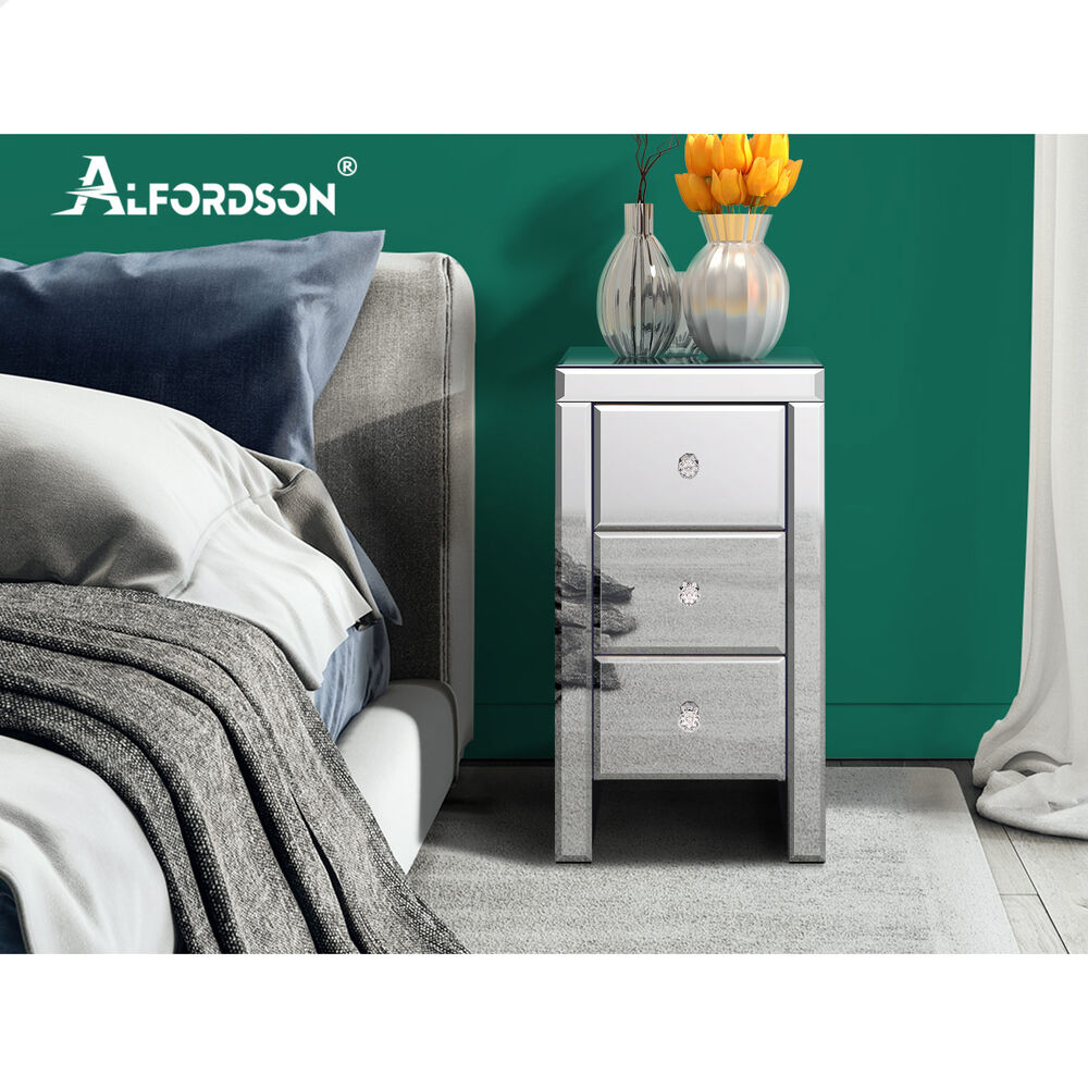 ALFORDSON Mirrored Bedside Table Cabinet Nightstand Silver