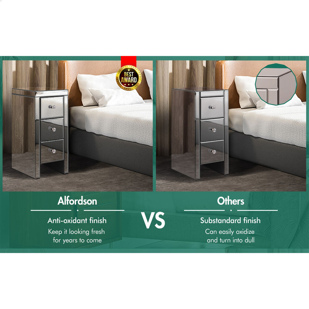 ALFORDSON Mirrored Bedside Table Cabinet Nightstand Silver