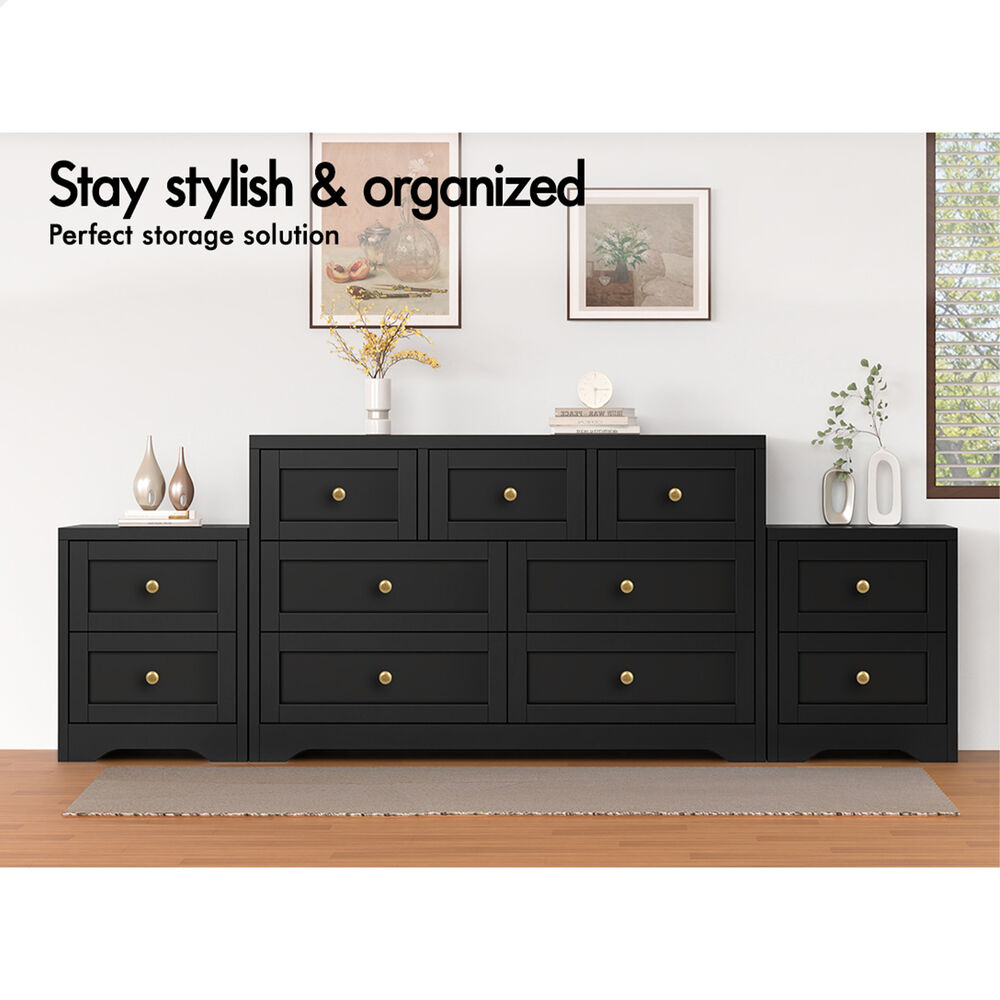 ALFORDSON 7 Chest of Drawers 2x Bedside Table Hamptons Bedroom Storage Black