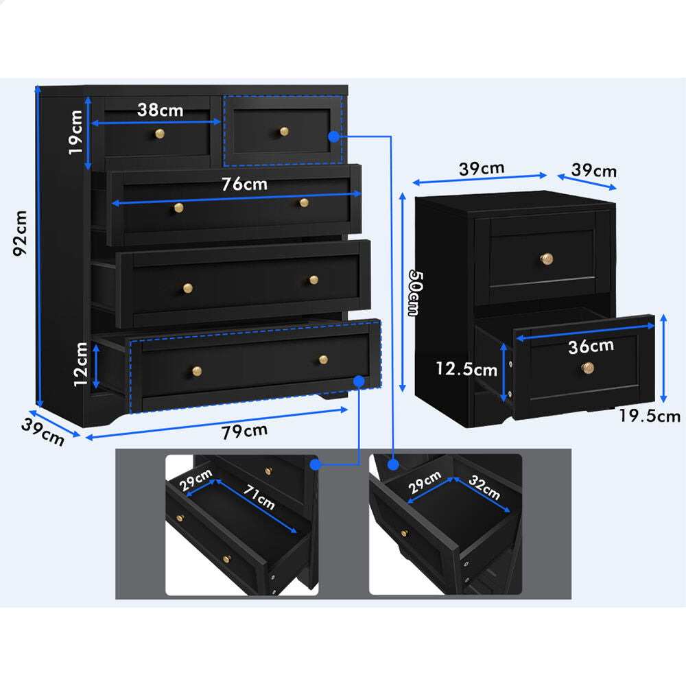 ALFORDSON 5 Chest of Drawers Bedside Table Hamptons Bedroom Storage Black