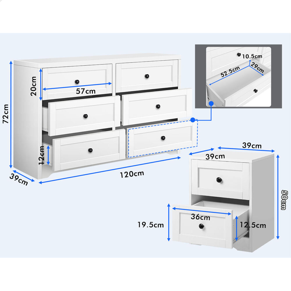 ALFORDSON 6 Chest of Drawers Bedside Table Hamptons Bedroom Storage White
