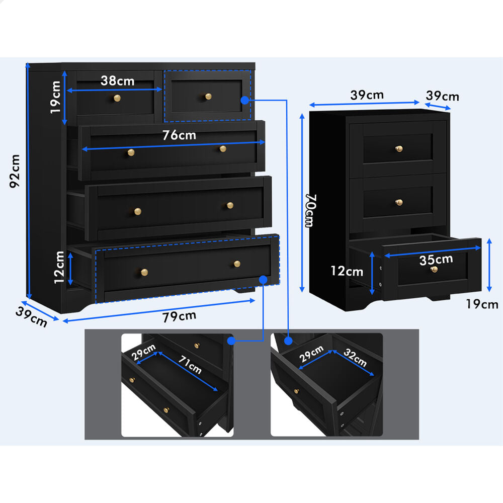 ALFORDSON 5 Chest of Drawers 2x Bedside Table Bedroom Storage Hamptons Black