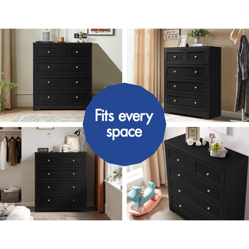 ALFORDSON 5 Chest of Drawers 2x Bedside Table Bedroom Storage Hamptons Black