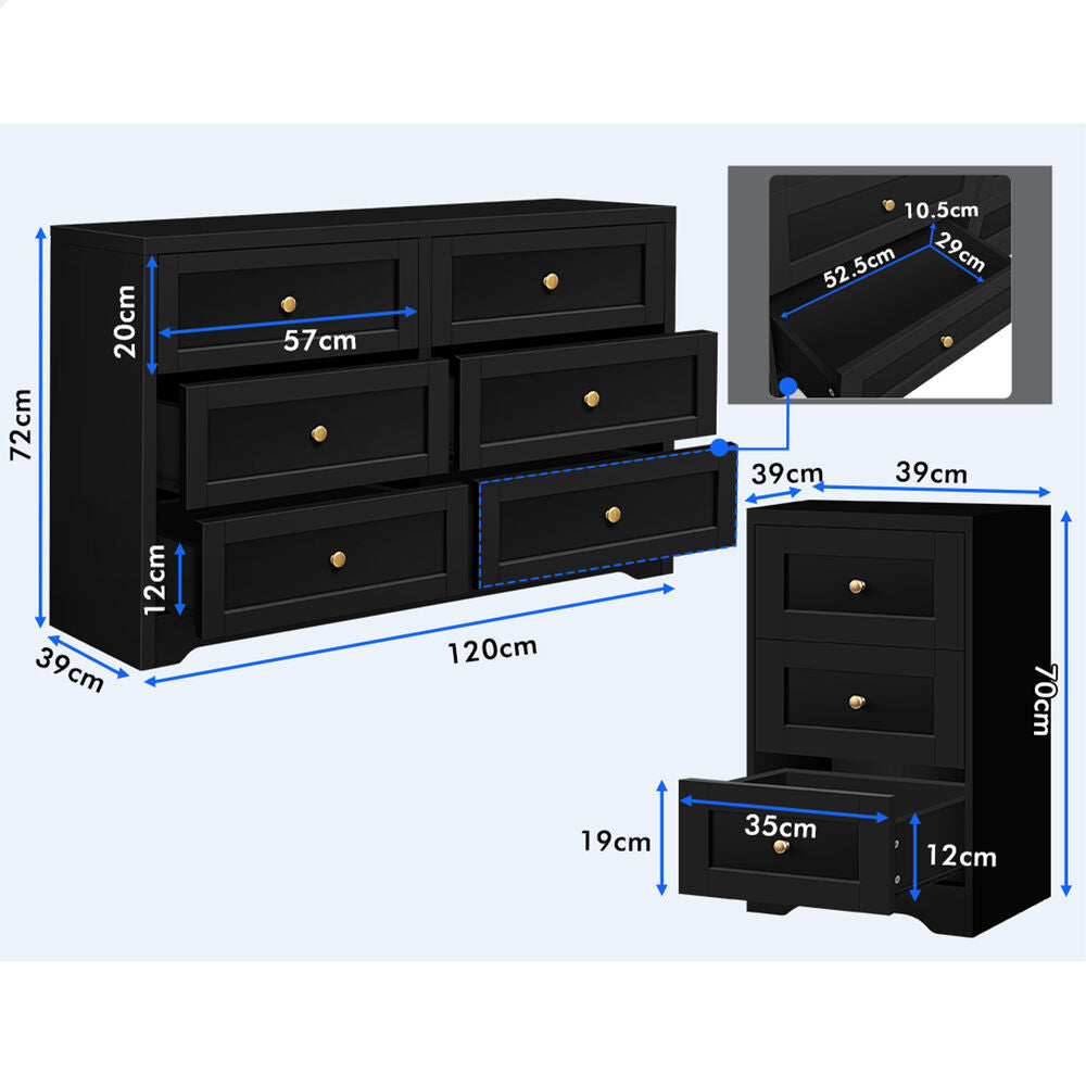 ALFORDSON 6 Chest of Drawers 2x Bedside Table Bedroom Storage Hamptons Black