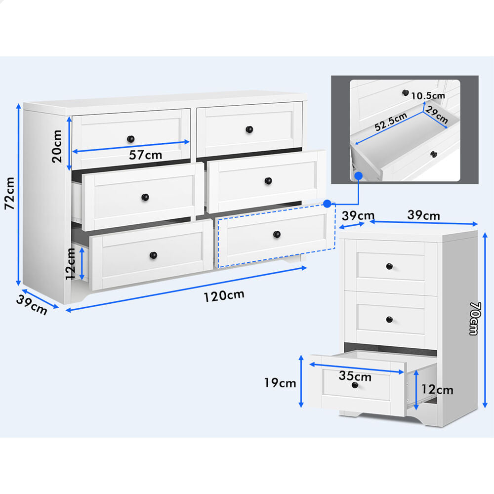 ALFORDSON 6 Chest of Drawers 2x Bedside Table Bedroom Storage Hamptons White