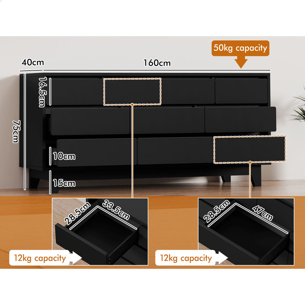 ALFORDSON 10 Chest of Drawers Minimalist Storage Cabinet Dresser Tallboy Black