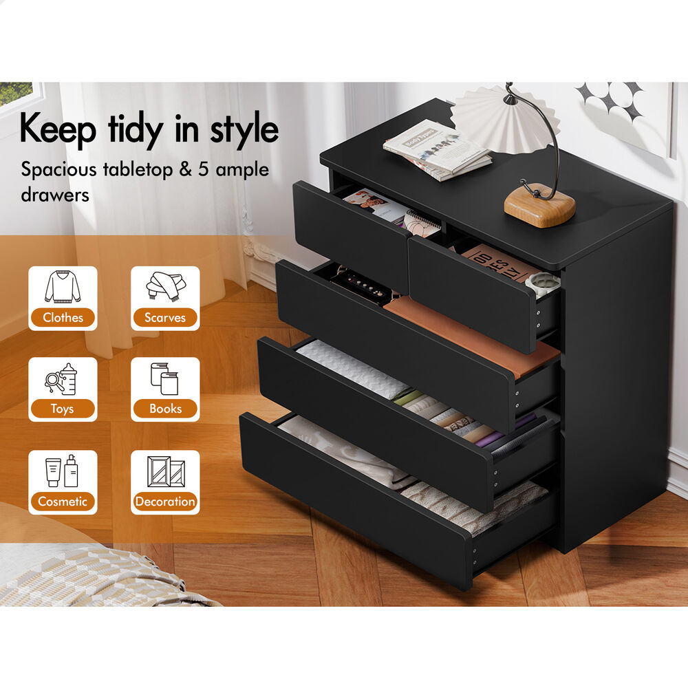 ALFORDSON 5 Chest of Drawers Minimalist Storage Cabinet Dresser Tallboy Black