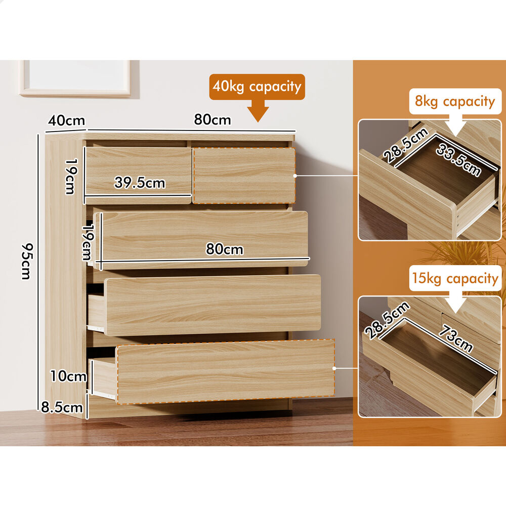 ALFORDSON 5 Chest of Drawers Minimalist Storage Cabinet Dresser Tallboy Oak