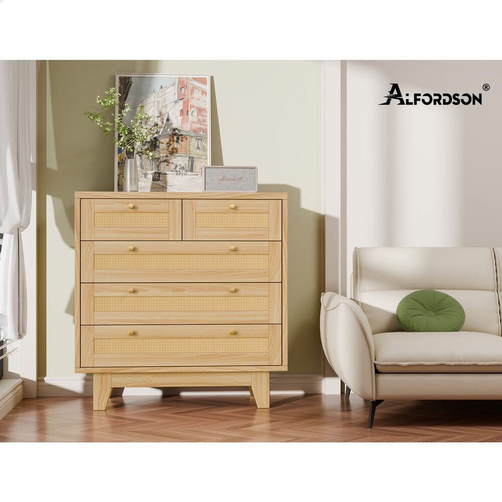 ALFORDSON 5 Chest of Drawers Rattan Storage Cabinet Dresser Tallboy Wood