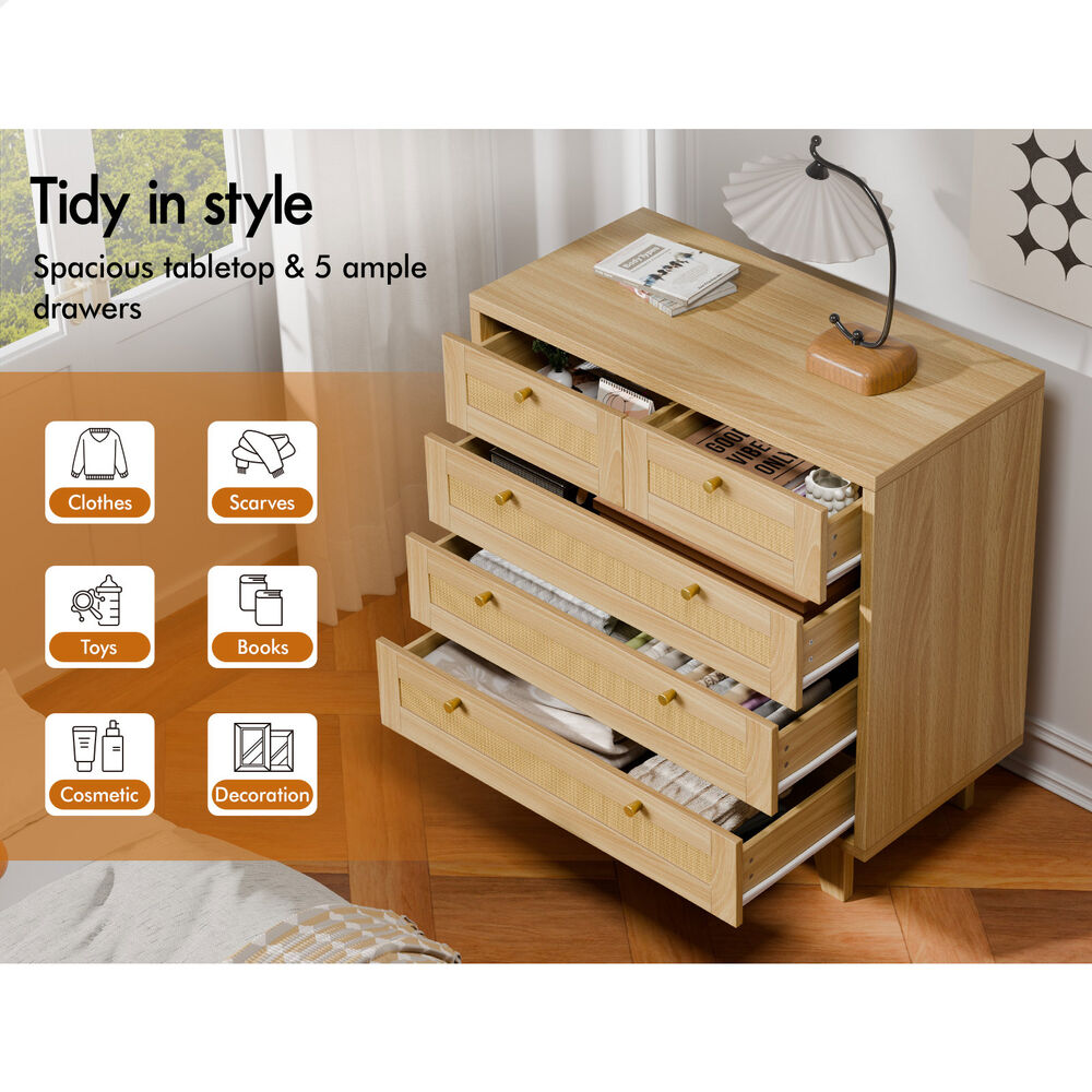 ALFORDSON 5 Chest of Drawers Rattan Storage Cabinet Dresser Tallboy Wood