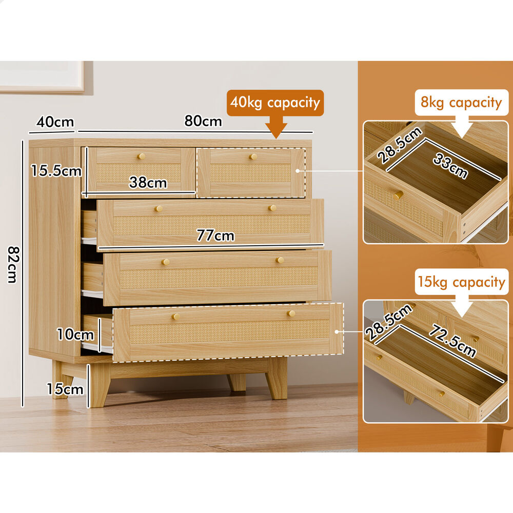 ALFORDSON 5 Chest of Drawers Rattan Storage Cabinet Dresser Tallboy Wood