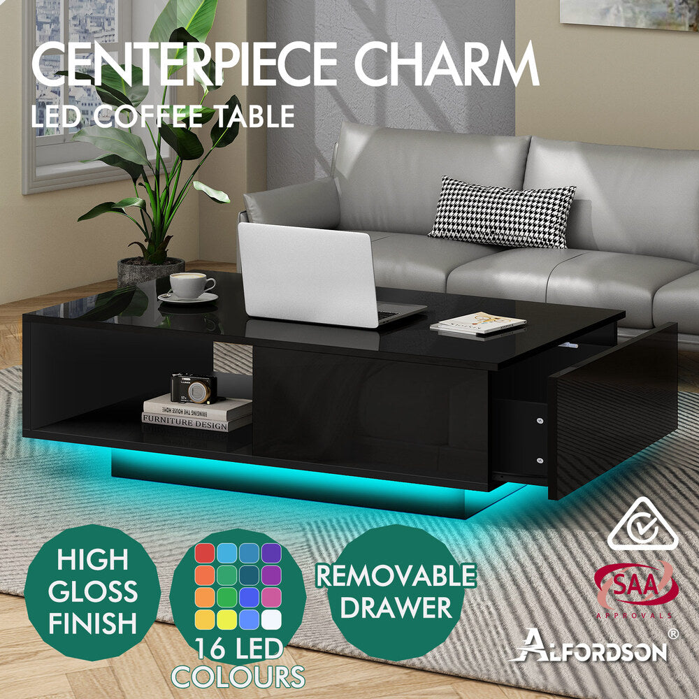 1 Drawer ALFORDSON Coffee Table LED Gloss Black
